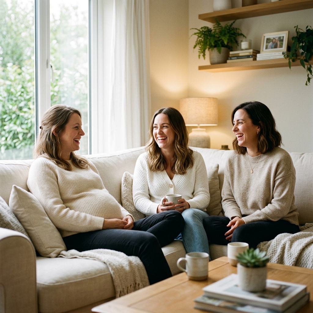 Three women laughing together on a sofa, one pregnant